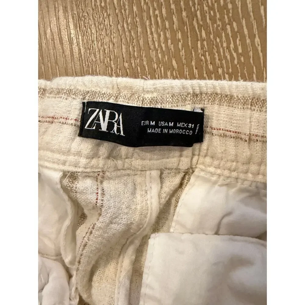 Zara sz Medium Striped Linen‎ Cotton Blend Women’s Pants Cream Drawstring
